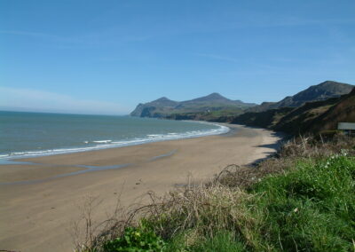 View of Nefyn beach and Yr Eifl in the distance Nefyn Llyn Peninsula North Wales